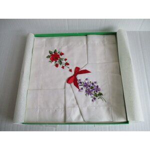 *Vintage Handkerchiefs Red and Purple Embroidered Floral - In Box